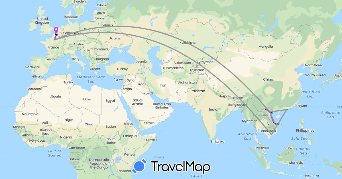 TravelMap itinerary: driving, bus, plane, cycling, train, hiking, boat in Belgium, France, Hong Kong, Vietnam (Asia, Europe)